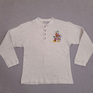 The Disney Store Thermal Henley Shirt Large Gray Mickey Goofy Donald Embroidered